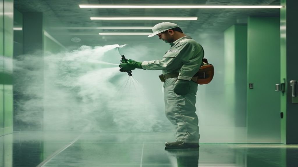 Aplicação profissional de sanitização de ambientes em uma sala comercial limpa e arejada
